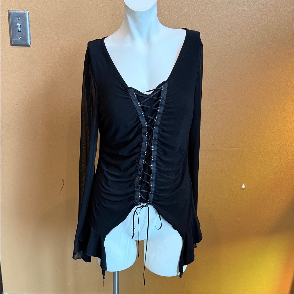 Jamie Nicole Elegant Vintage flared sleeved Black Lace-Up Women's mesh Top XL